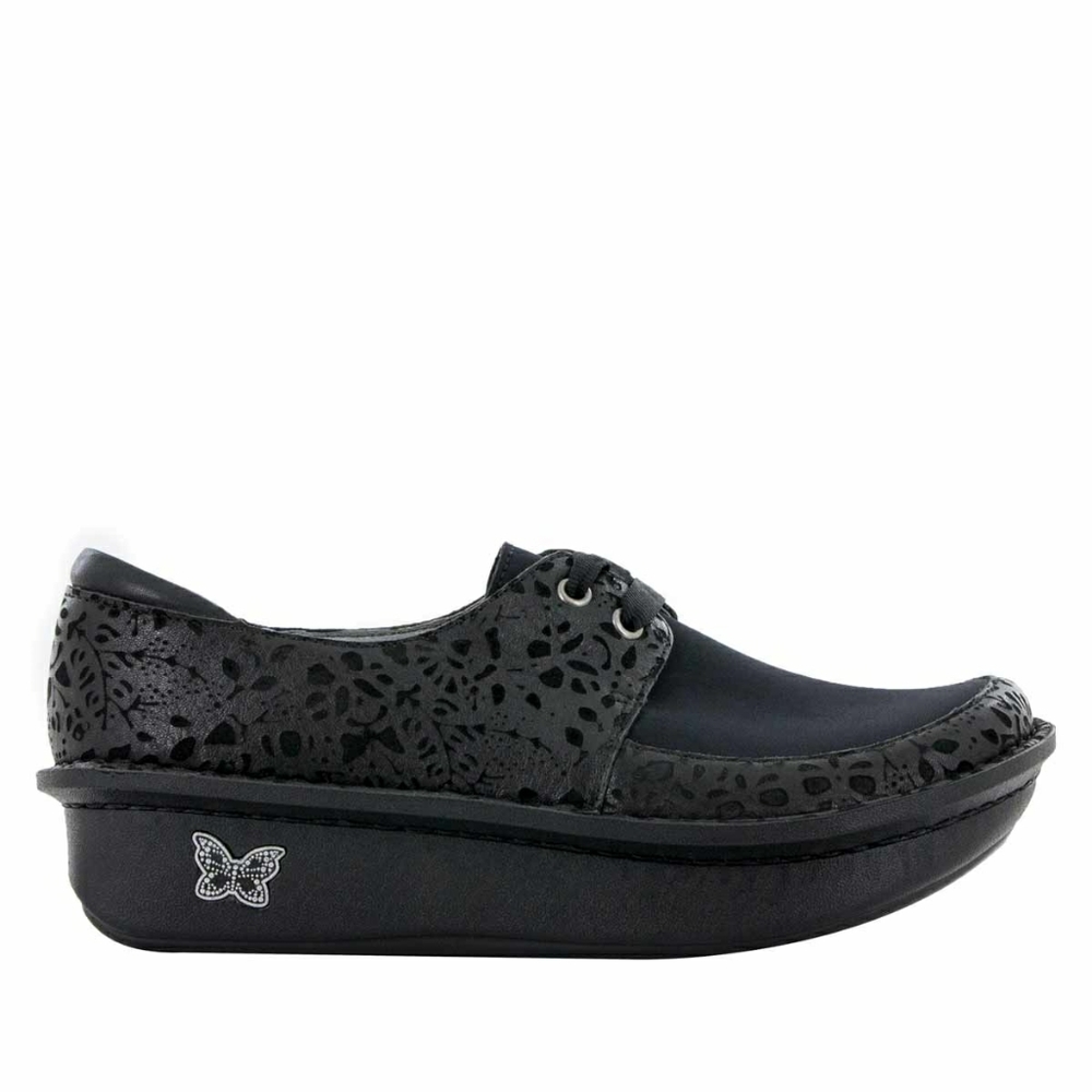 Alegria by PG Lite DAN-435 Delicut Black Paisley Leather Tie Front Clogs 38